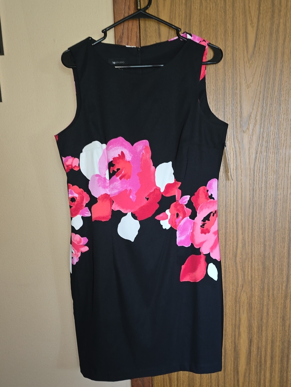 Sleeveless Black Midi Dress with Pink & Red Floral Print